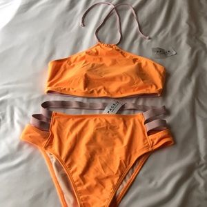 Halter top/high waisted neon orange bathing suit